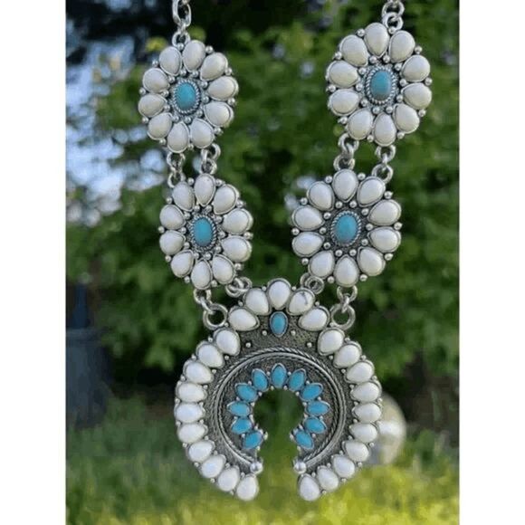 Silver Turquoise Western Squash Blossom Necklace & Earring Set - Picture 2 of 5